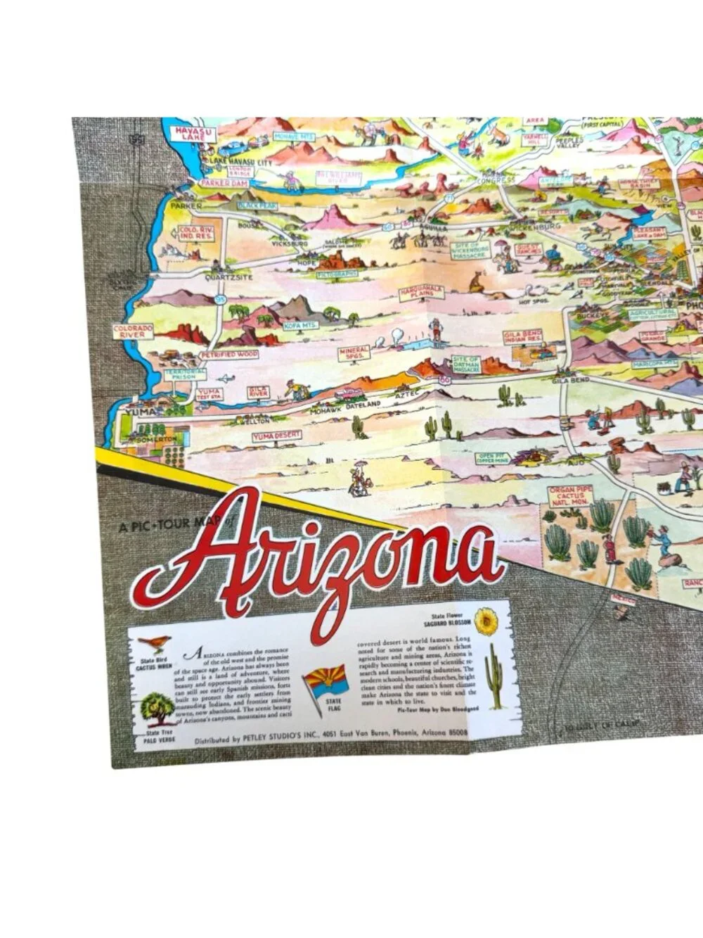 Arizona Map Don Bloodgood Fold Out VTG Cartoon Pic Tour Petley Travel Petley